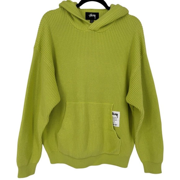 NWT STUSSY Mens Cotton Knit Hoodie Sweatshirt Lime Green Size Small Streetwear - Picture 1 of 15